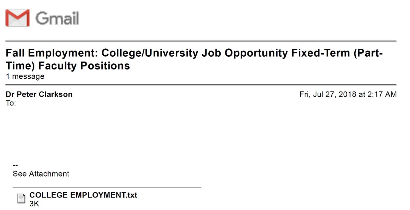 Gmail image with text Fall Employment: College/University Job Opportunity Fixed-Term (Part-Time) Faculty Positions